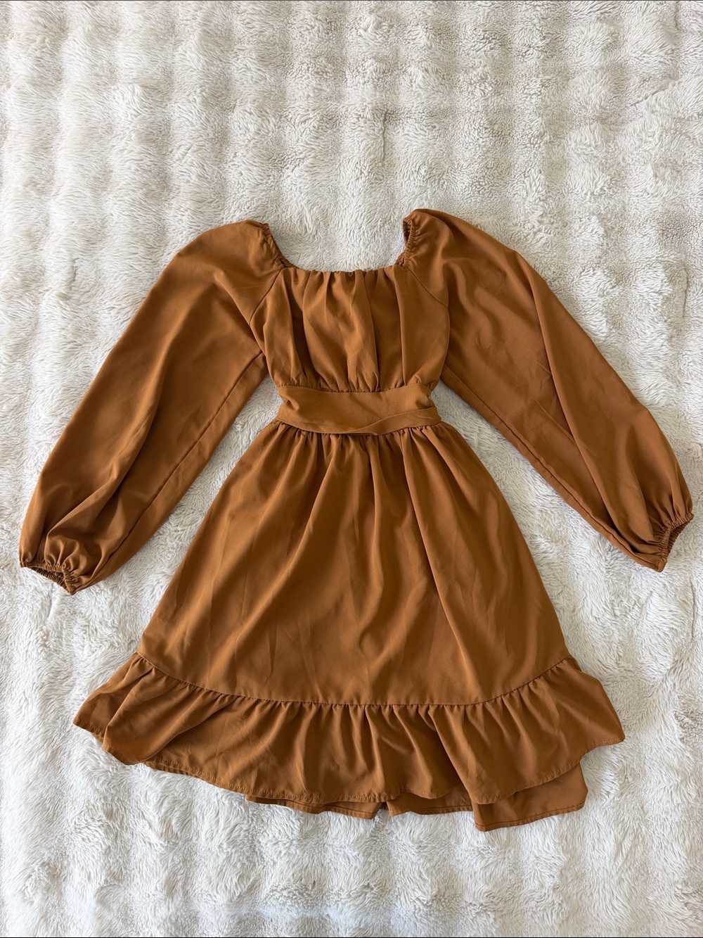 Kids' Rust Brown Long Sleeve Ruffle Dress
